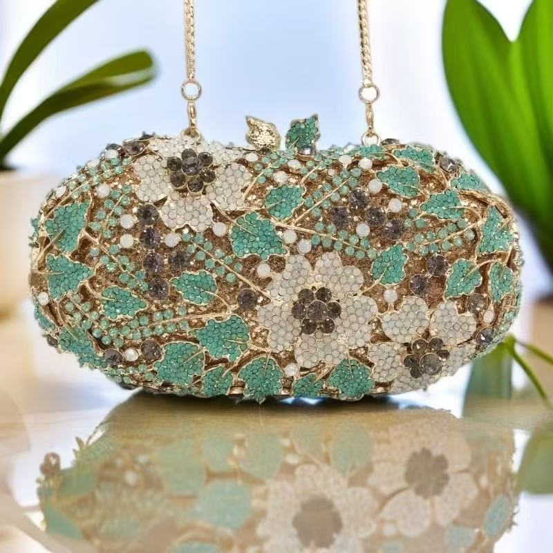 Women Bags Green - Kadın Yeşil/Beyaz Kristaller Debriyaj Akşam Çanta
